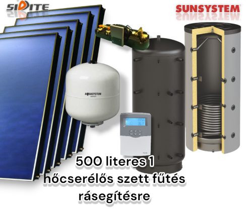 Napkollektor rendszer 500 literes pufferrel fűtés rásegítésre: 5 db sikkollektor + 500 literes 1 hőcserélős puffertároló + nagyteljesítményű szivattyú állomás + vezérlés + tágulási tartály
