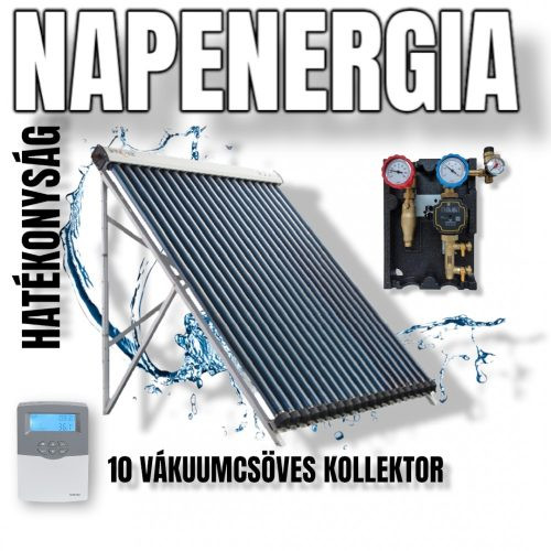 Napkollektor rendszer 10 vákkumcsöves Heat-Pipe kollektorral SR208C vezérléssel és szivattyú állomás 2-12 l/p 2 oldali ECO keringető szivattyúval